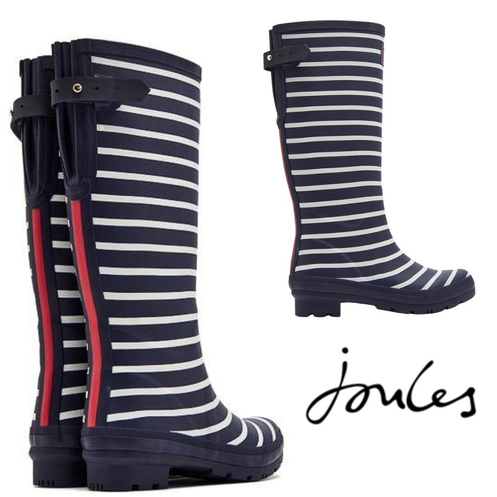 Joules, Navy White Striped Tall Rain Boots Red Stripe Wellies Size US 6